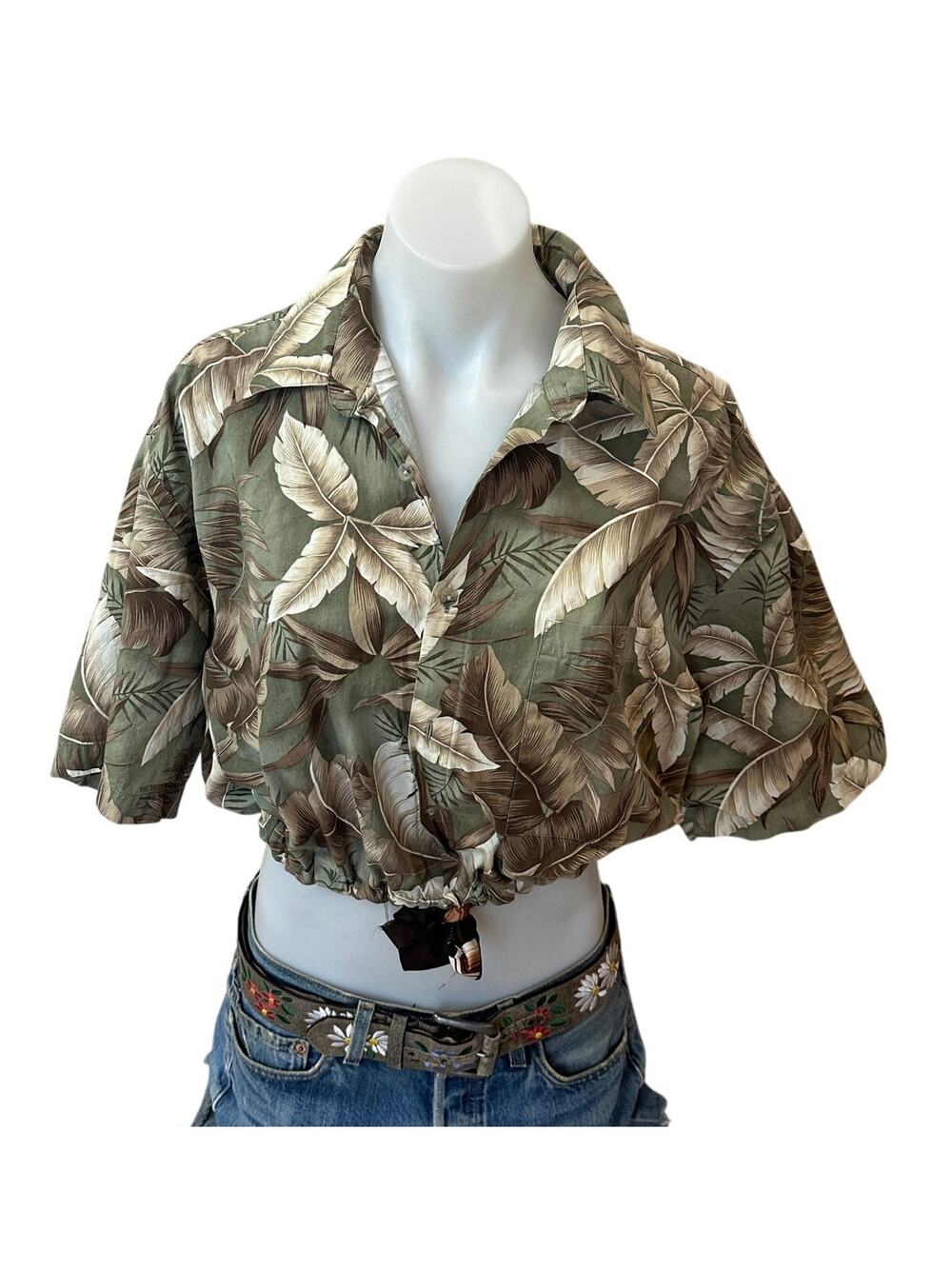 Hawaiian Shirt Button Down Crop Top One Size Boxy Oversized Vacation Cotton Palm